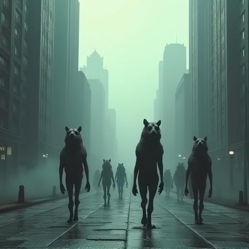 Surreal scene of towering beings with mismatched parts marching on a slick street. Fog envelops the city. Skyscrapers loom around. Massive forms casting deep shadows. Epic atmosphere with legend vibes.