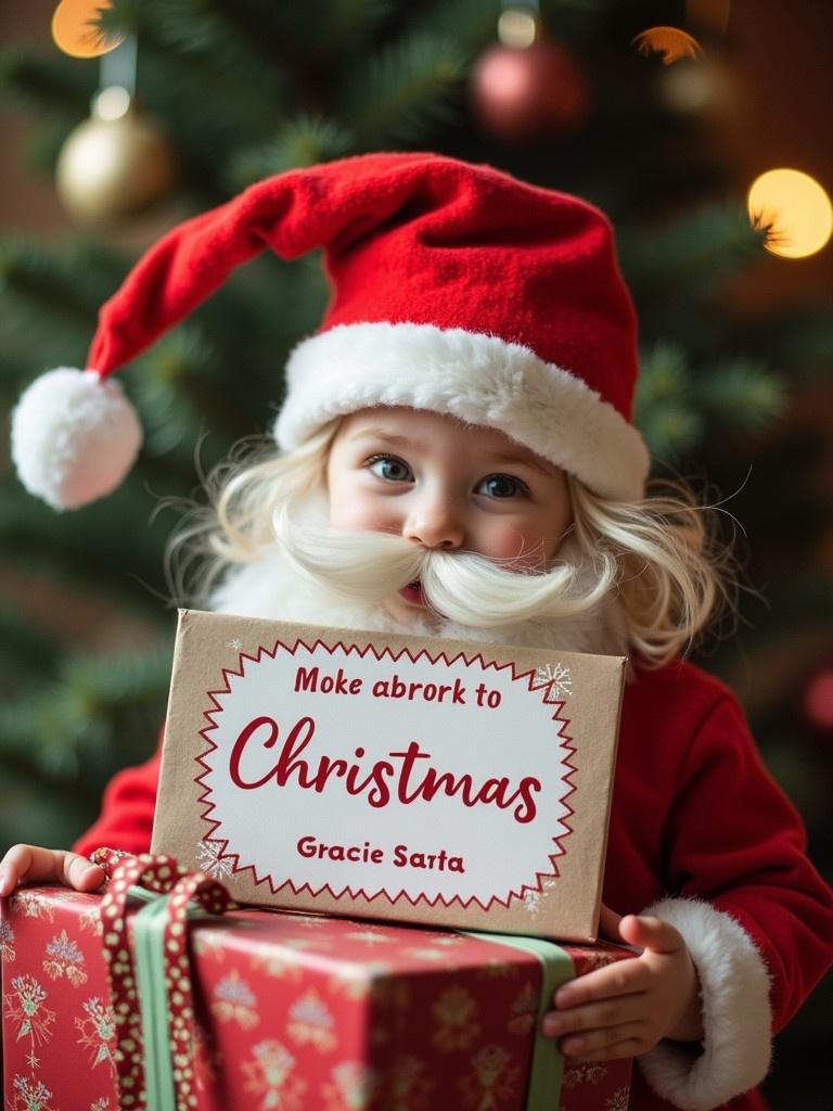 A child in a festive holiday outfit holds a Christmas present label while surrounded by a decorated tree. The label reads 'Christmas' and is addressed to Gracie from Santa. Captures the essence of holiday spirit.