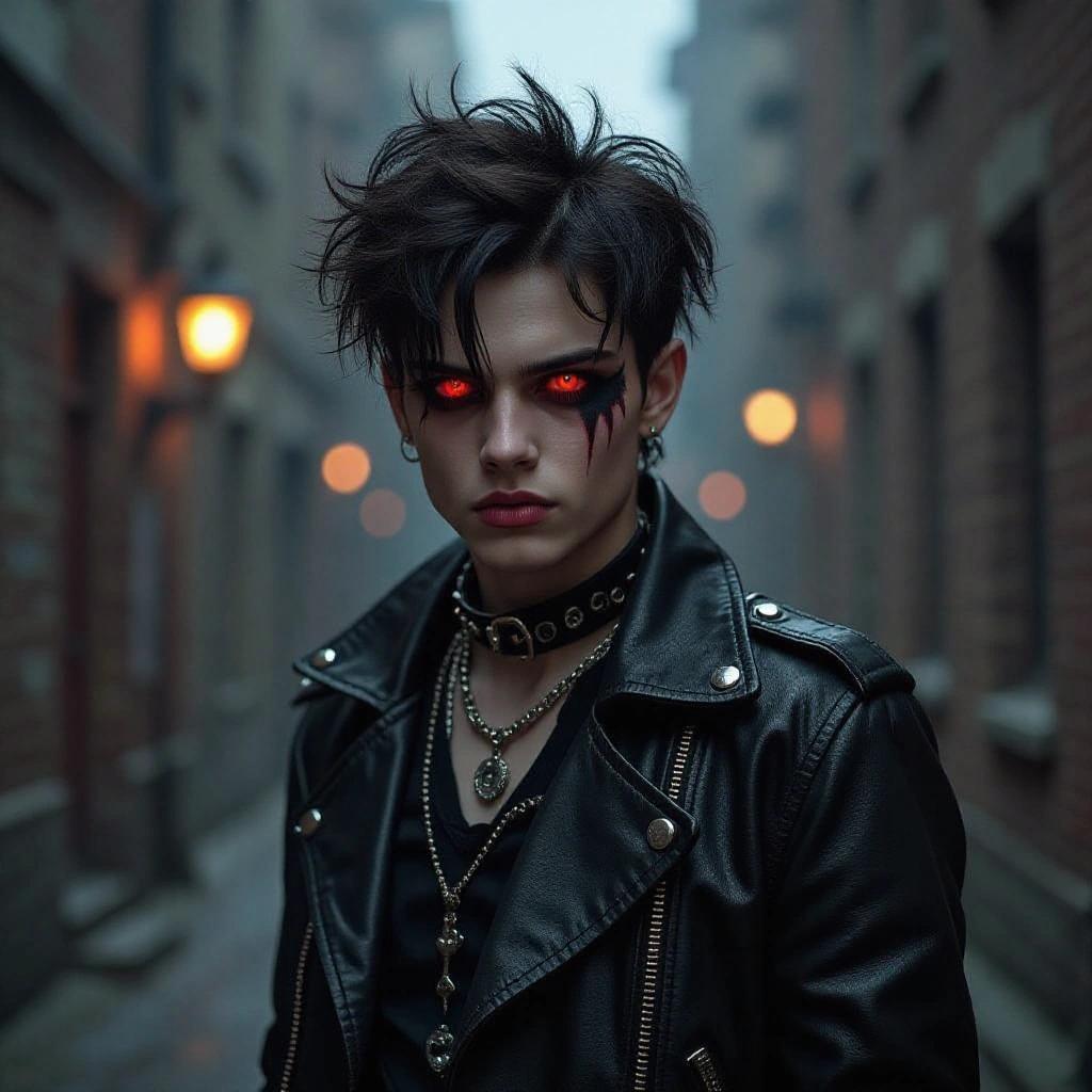 Young vampire in a dark gothic environment. Dramatic lighting enhances the atmosphere. Details include punk style with leather jacket and accessories.