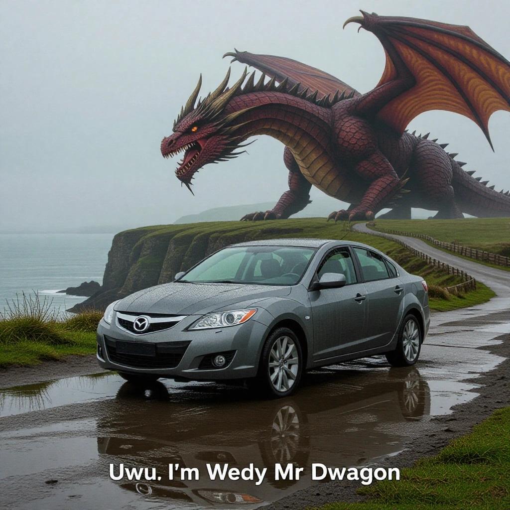 Cinematic still featuring a 2005 Mazda 6 parked on a cliff top beside a wet puddle. An enormous dragon looms in the background.