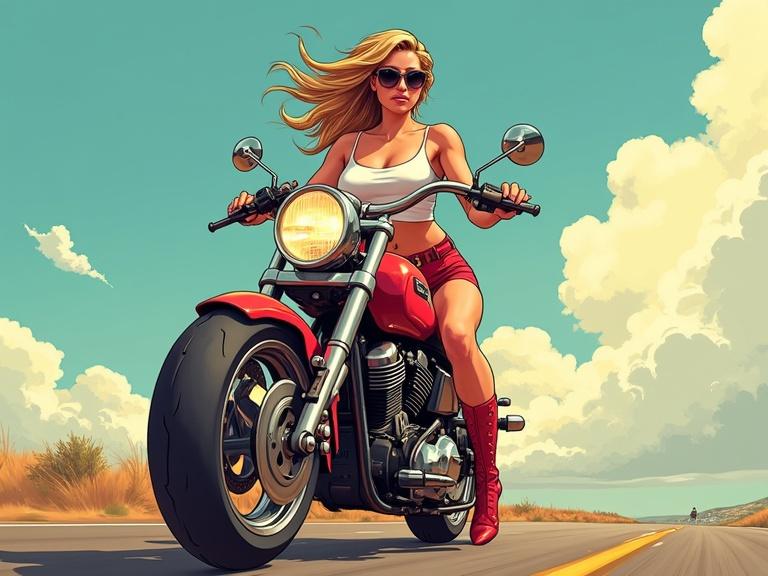 Supergirl riding a motorcycle. Wearing a mini skirt and a white crop top. Background features a blue sky and fluffy clouds. Illustration style.