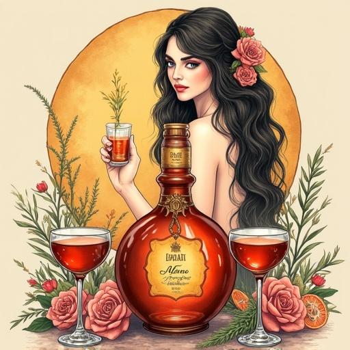 A minimalist portrait featuring a topless goddess with long hair. She offers a toast with a liqueur. The liqueur bottle 'ALFRUNO' has an elegant hang tag. Two cocktail glasses sit beside the bottle. The background is beige with floral patterns. A phrase in typography adds to the elegance. The image radiates beauty and natural elements.