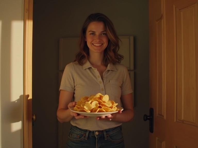 Person entering a room holding chips with a confident smile. Cinematic style.