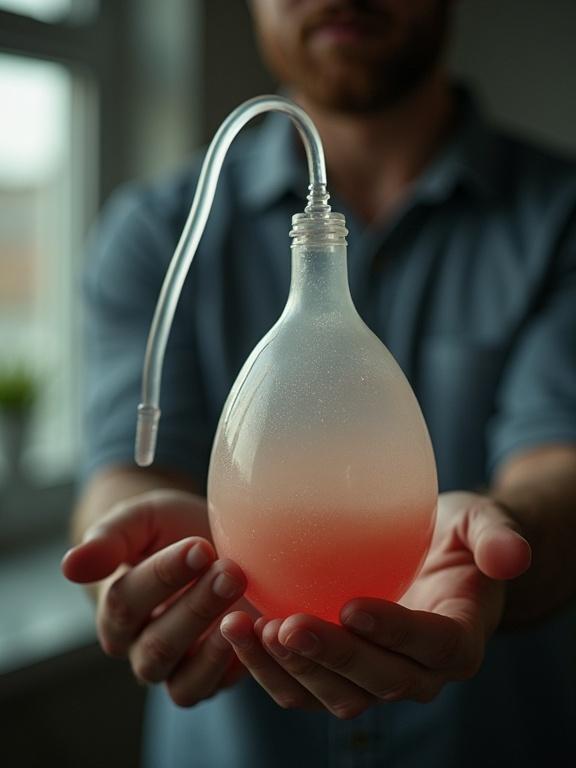 A man holds a large enema bulb in his hands. The bulb has a gradient color, transitioning from clear to soft red. The background is blurred, creating a focus on the bulb and the man's hands.