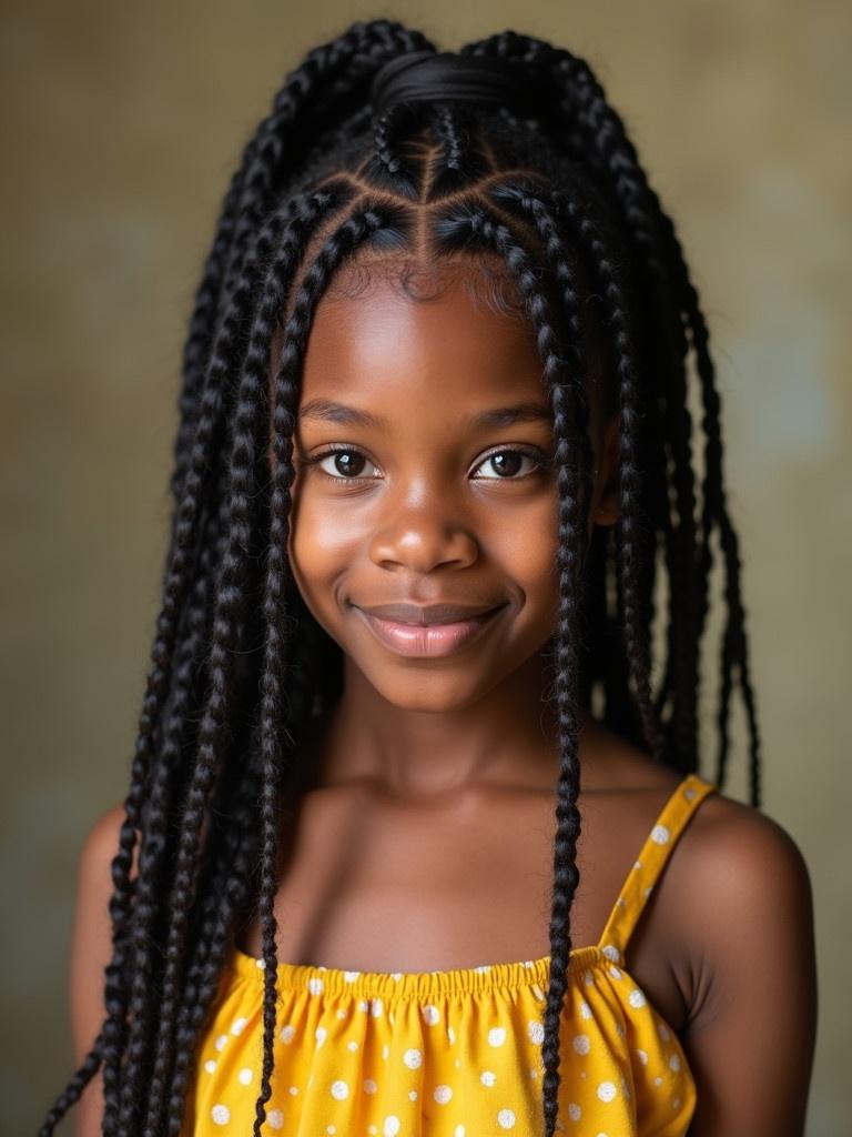 A Yoruba girl with a weaving hairstyle in her teen years wears a yellow dotted dress. The focus is on her beautiful hairstyle and the overall portrait composition.