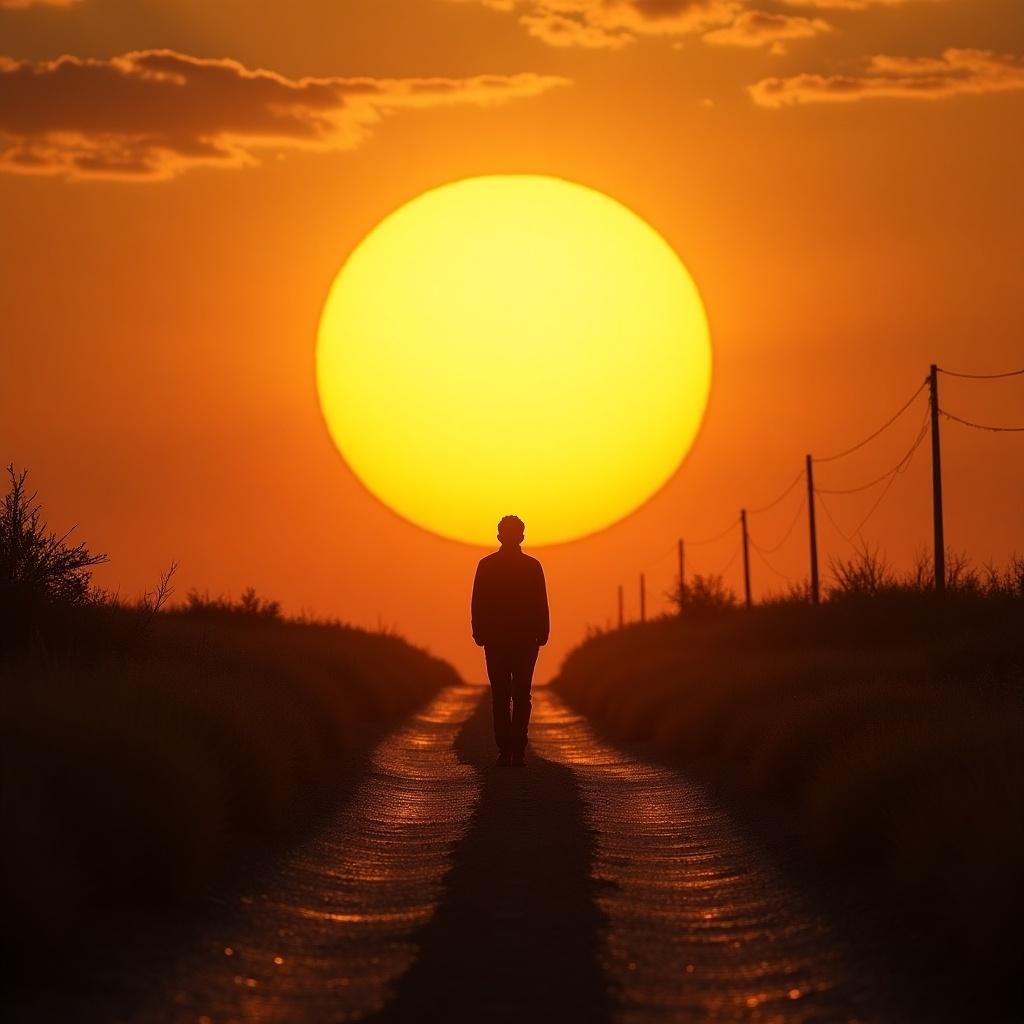 Person walking down dirt road towards giant setting sun framed by glowing sky evoking wonder and contemplation.