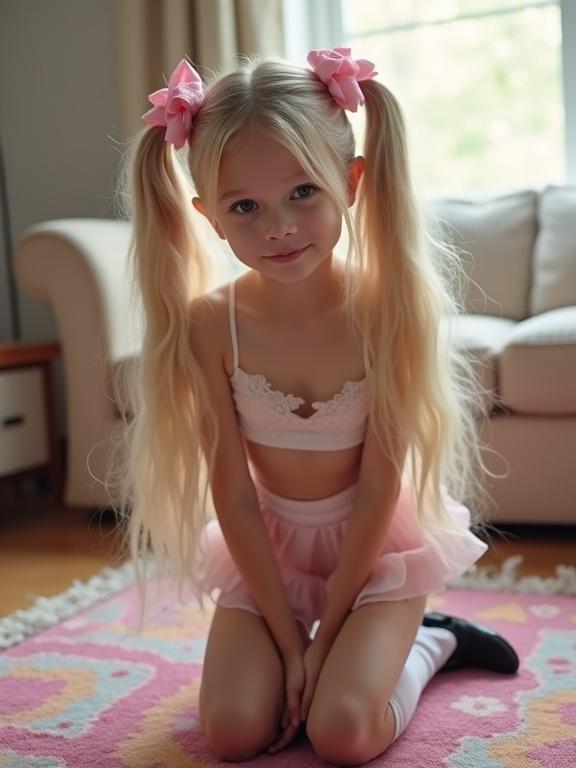 A girl with long blonde hair wears pink bows. She is kneeling on a colorful rug. Soft lighting fills the living room. The outfit features a crop top and a pale pink mini skirt. She wears thigh-high socks and black shoes. The setting emphasizes a cozy atmosphere.