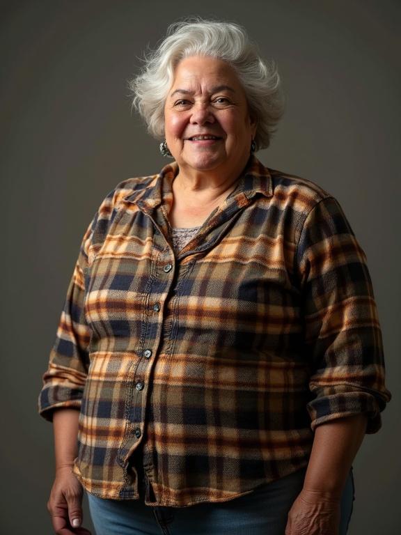 Big beautiful plus size elderly human wearing clothes with a smile in a friendly pose.