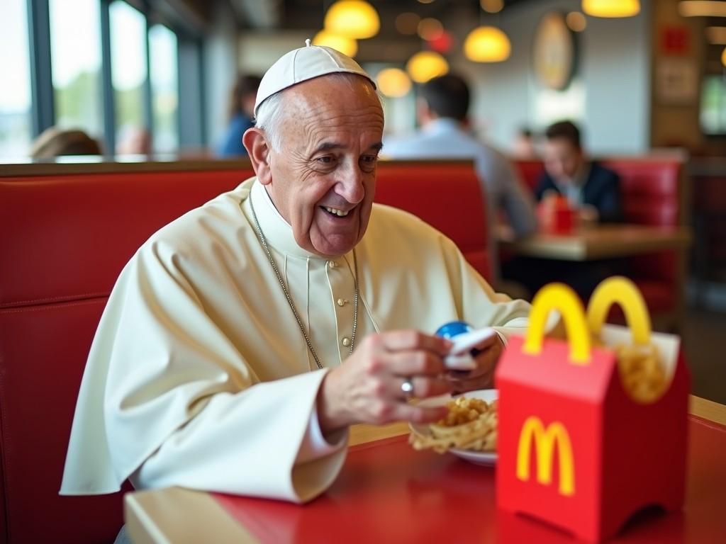 The image shows a person dressed in religious attire sitting at a fast-food restaurant with iconic red booths and enjoying a meal. The setting is bright and lively, capturing a moment of unexpected normalcy and cultural intersection. The contrast between the formal attire and the casual dining environment adds a humorous twist to the scene.