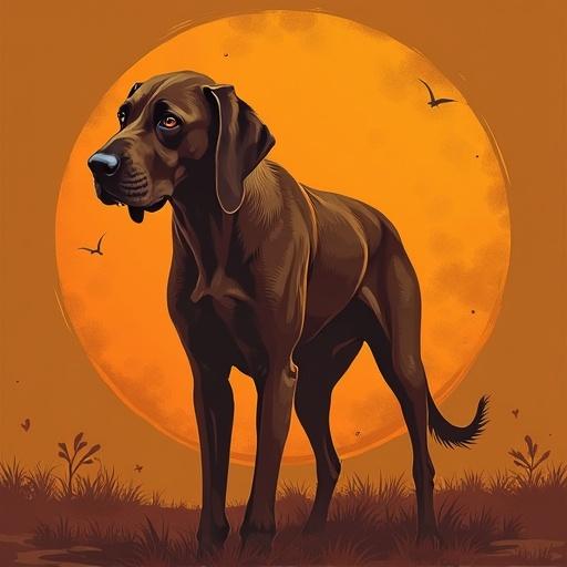 Illustration of a Hound of Horror Africanis dog in a rusty-orange and tan color palette. Dog stands confidently against a sunset backdrop. Soft shadows enhance the dog's features. Background includes subtle nature elements.