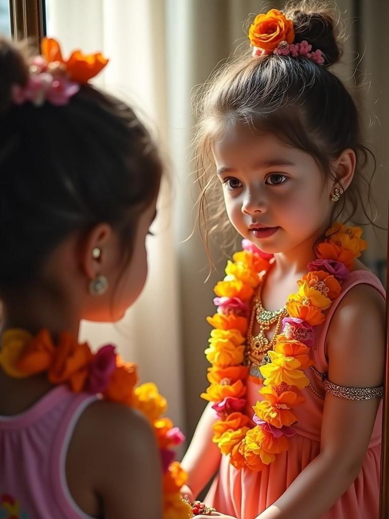 Vibrant image shows a child wearing a flower garland admiring herself in the mirror. In the reflection, Krishna is seen also wearing flower garlands.