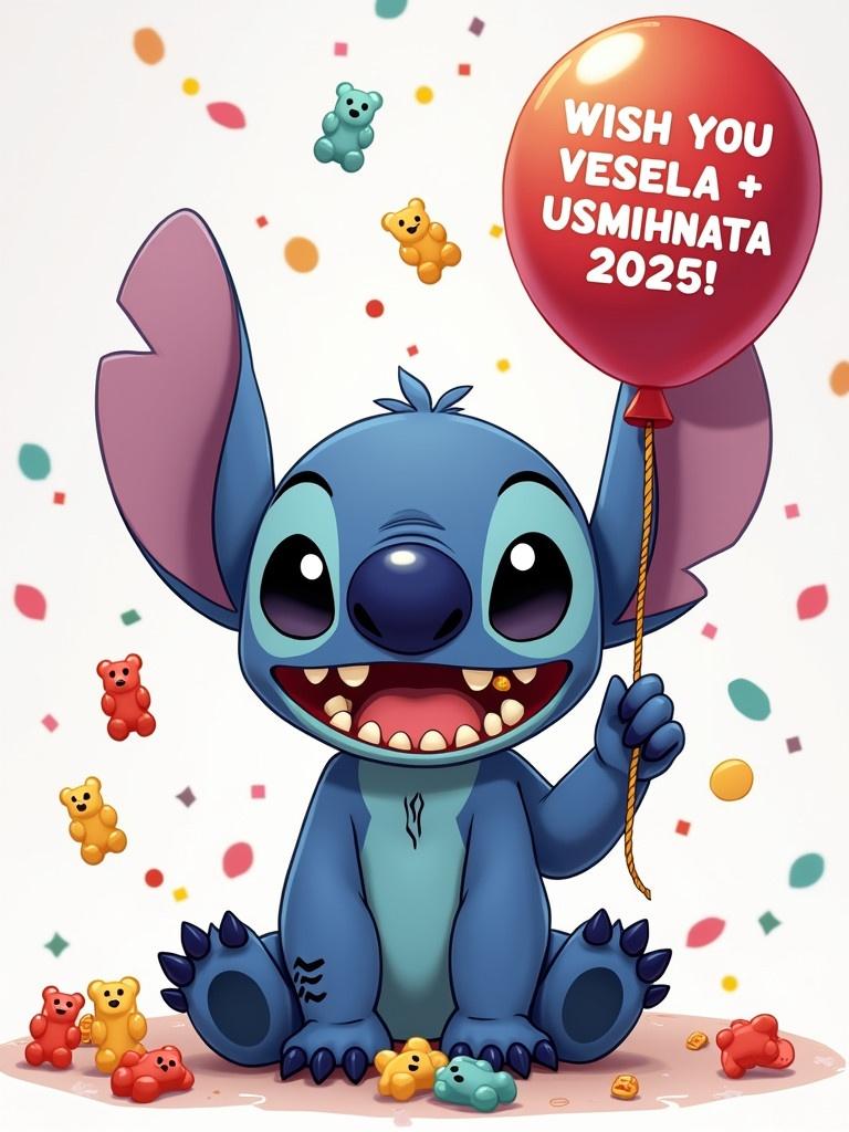 Cute blue alien character named Stitch smiling widely. Stitch has big ears and is sitting down. He throws gummy bears with one hand. His mouth is full of gummy bears. Confetti and gummy bears fly in the air. In the other hand he holds a balloon with a message. The message says 'Wish you VESELA + USMIHNATA 2025!'