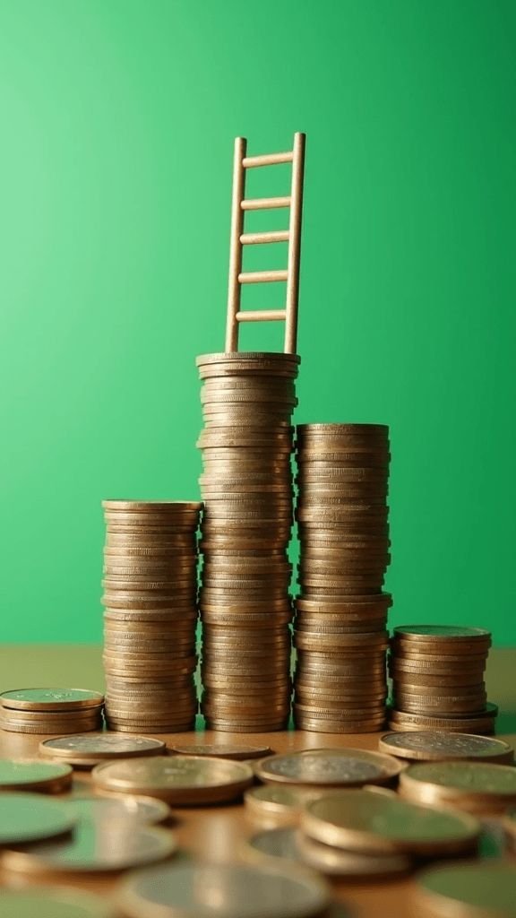 A ladder stands on top of tall stacks of coins against a green background.