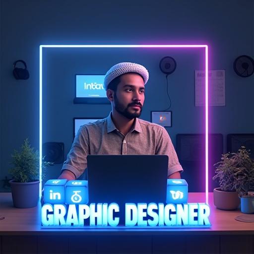 Digital rendering of a graphic designer sitting at a desk. The designer has light brown skin, short dark hair, and is wearing a patterned shirt and white skullcap. Neon blue and purple frame surrounds him. Four blue cubes display social media logos in front of a closed laptop. Potted plants are on the desk. Digital screens with Instagram and YouTube logos are in the background. The words 'GRAPHIC DESIGNER' are illuminated in blue at the bottom.