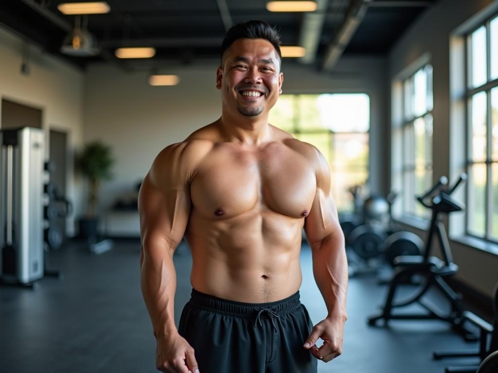 A muscular man stands confidently in a well-lit gym, showcasing his physique with a broad smile. The room is equipped with modern fitness equipment, and sunlight streams through large windows, enhancing the energetic atmosphere. His evident fitness journey and positive demeanor reflect dedication and accomplishment.