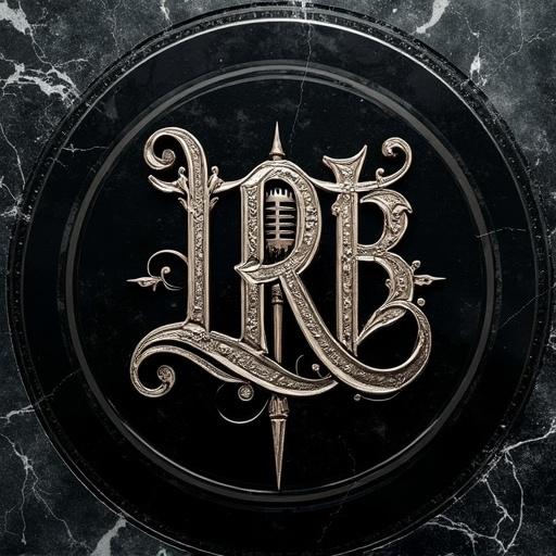 Ultra-realistic album cover design featuring polished black marble with white veins. Centered intricate calligraphic monogram 'LRB' styled in baroque filigree. Vintage microphone shape subtly integrated within monogram. Dramatic side lighting enhances depth and shadows. Style is minimalist and luxurious. Aspect ratio is 1:1.