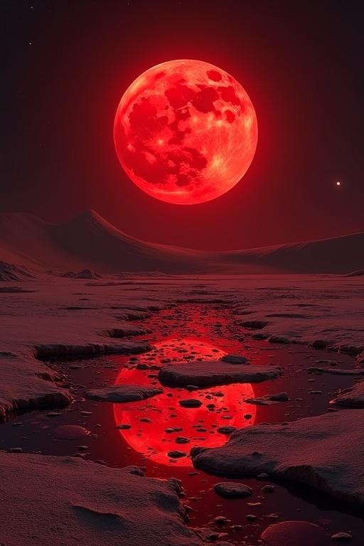 Moon in a vibrant red hue. Desert landscape filled with broken glass. Reflection of the moon on the glass surface.