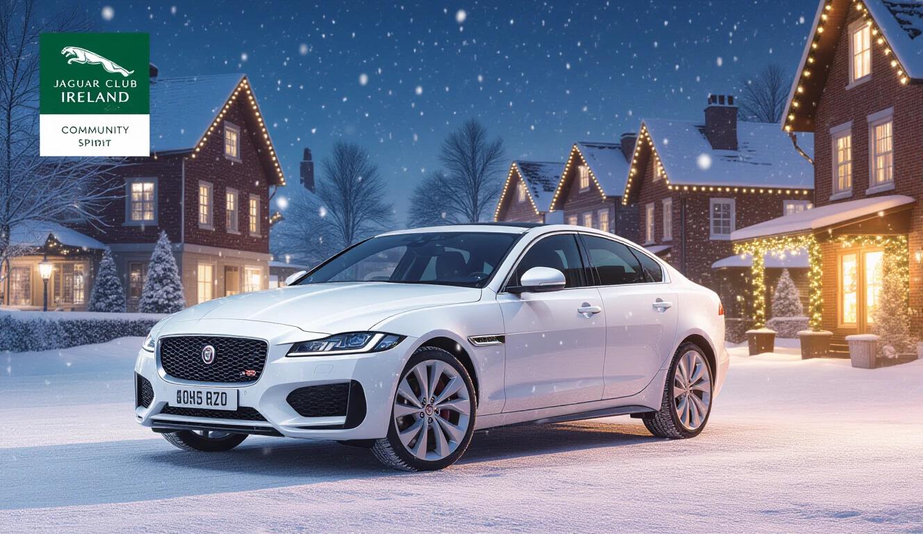 Jaguar car parked in snowy Christmas scene. Showcasing car prominently. Background features buildings with holiday lights. Soft snow covers ground. Setting is festive and inviting. Promotes Jaguar Club Ireland's community spirit during holidays.