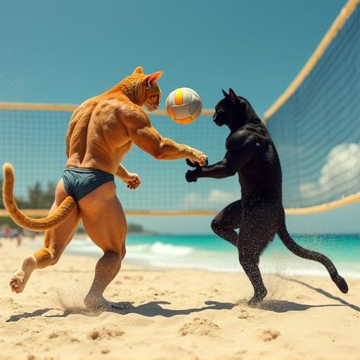 Realistic photograph shows two muscular cats playing volleyball at the beach. One is an orange tabby the other is a black panther. Both wear tight speedos. The tabby spikes the ball while the panther attempts to block it. They are in motion on the sand. Sweat and fur reflect the sun.