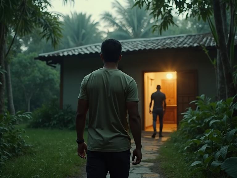 A lonely jungle path. Handsome Latino man walks towards a house. He looks back at the camera with fear. A cartel member waits in the doorway. Dense foliage surrounds the path.