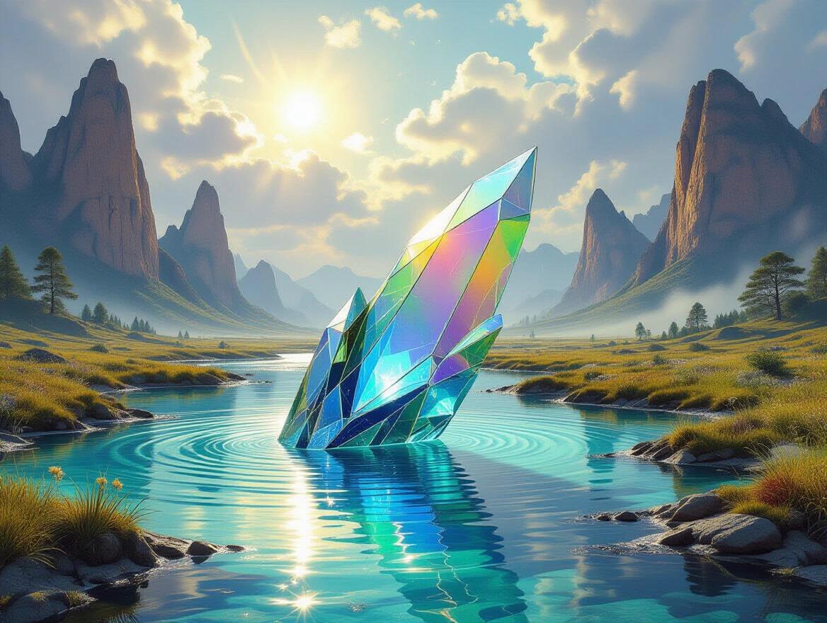 A large, iridescent shard partially submerged in a clear river. The shard looks like polished liquid chrome. The landscape is vast with mountains and a sunny sky. The scene has bright colors and ethereal light.