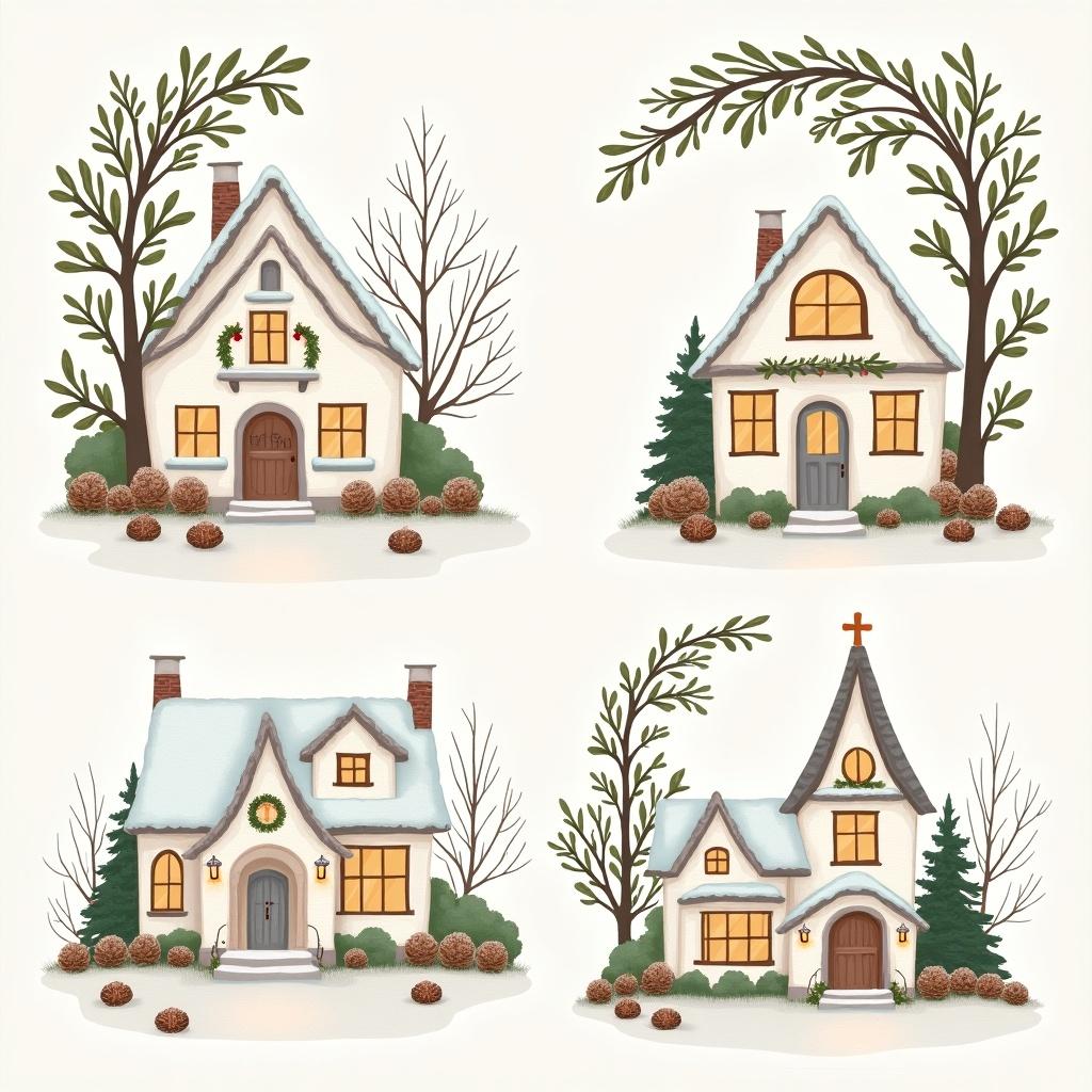 Illustrations of rustic farmhouses for Christmas cards. Four distinct buildings in wintery scenes. Each house features decorative elements for the holiday season. Snow-covered roofs and seasonal greenery accent the designs.