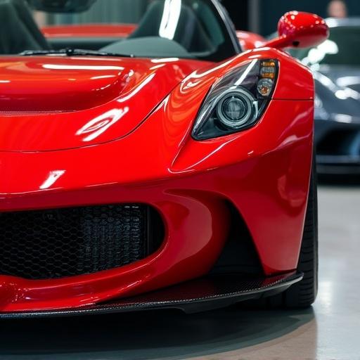 The image showcases a vibrant red sports car with a glossy finish and aerodynamic design that emphasizes its sharp headlights and sleek contours. The setting is indoors, resembling a showroom with polished concrete floors reflecting the car's vivid color. The camera angle captures the right side and back of the car.