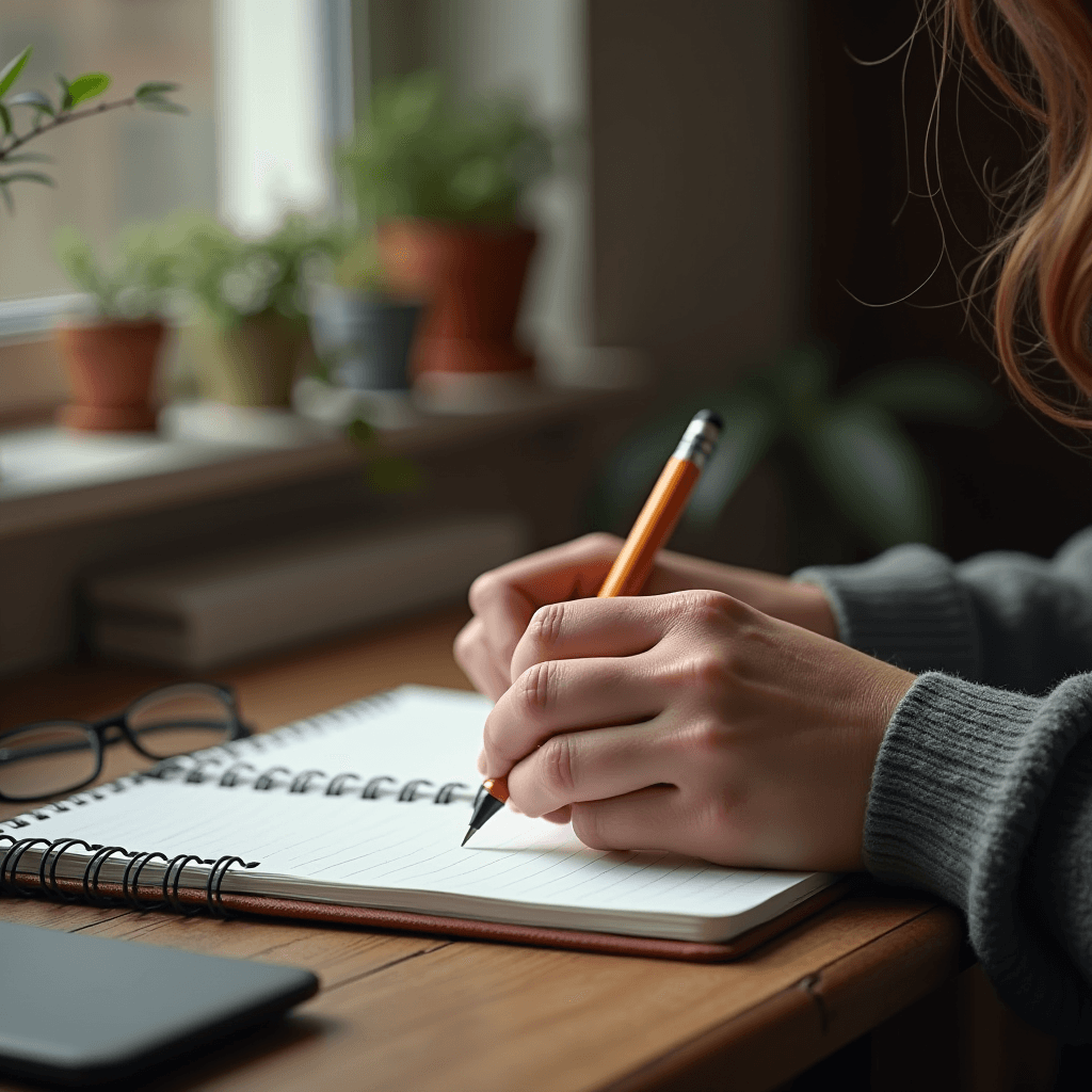 A person writes in a notebook by a window with plants, evoking a peaceful and reflective atmosphere.