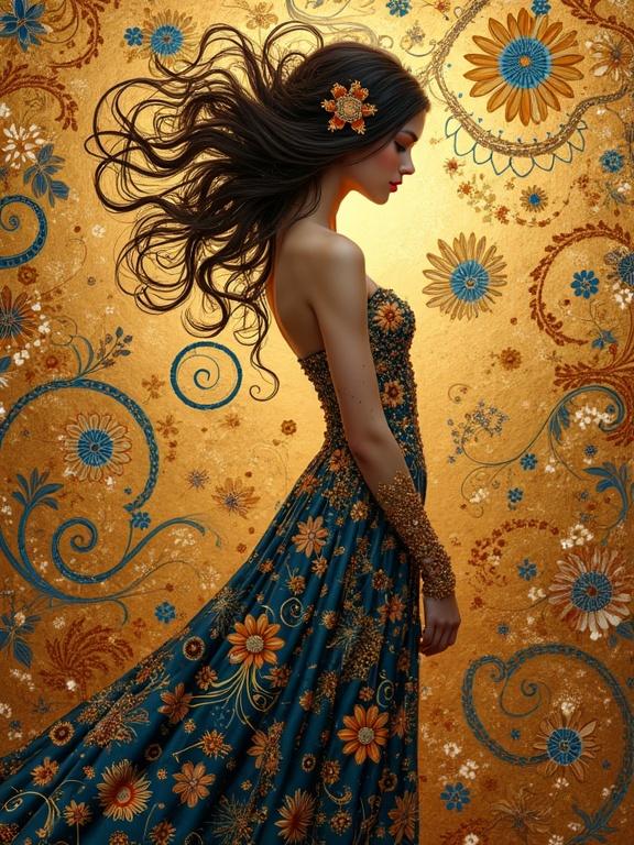 High quality 8K Ultra HD image inspired by Gustav Klimt. A beautiful woman stands in the center adorned in an intricate gown. The gown features patterns and designs reminiscent of Klimt's artwork. Elements around her create an aura of opulence. The woman's pose mirrors flowing lines found in Mucha's art. She has hair that transforms into tendrils with flowers and vines.