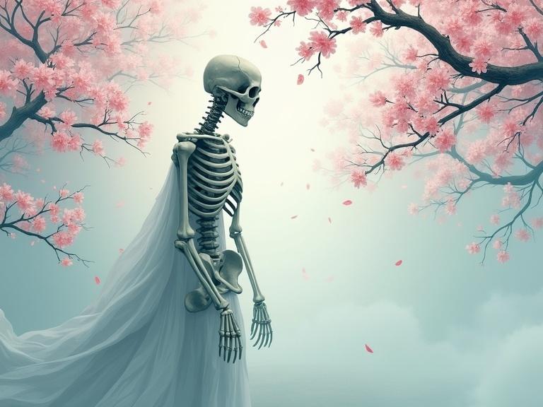 Create a haunting illustration of a skeleton standing among cherry blossoms. Use realistic details for the skeleton with shading and texture. Depict the cherry blossoms with delicate details and soft colors, including falling petals. Surround the skeleton with light and beauty with a flowing piece of cloth. Use a muted color palette of light blues, grays, and pinks. Style should be ethereal, slightly melancholy, and inspired by traditional Japanese painting.