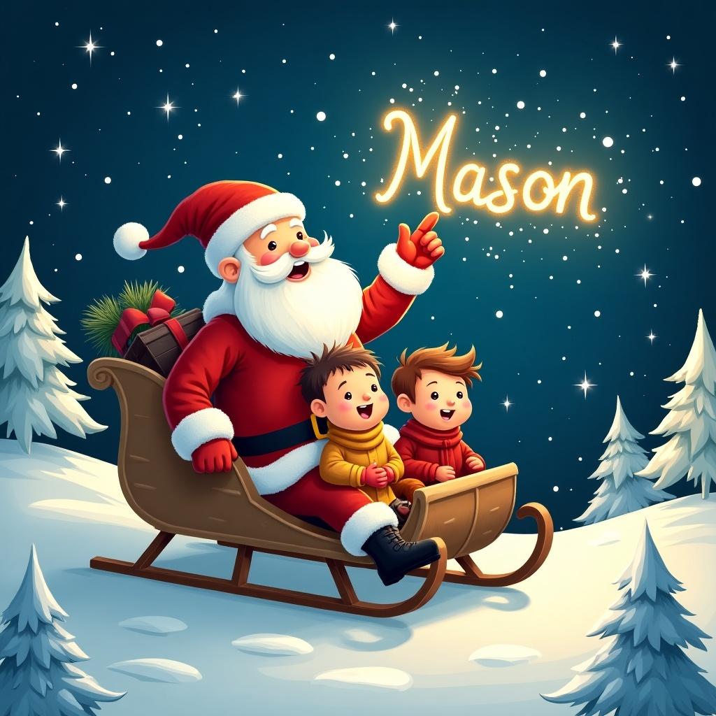 A whimsical illustration features Santa Claus sitting on a sled in a snowy landscape. He joyfully writes the name 'Mason' in the sky with a sparkling light. The scene is filled with fluffy snow-covered trees and a cozy, festive atmosphere. Two children sit in the sled, looking amazed at Santa's magic. It's a beautiful night with twinkling stars and a feeling of holiday joy. The image encapsulates the spirit of Christmas and the joy of giving.