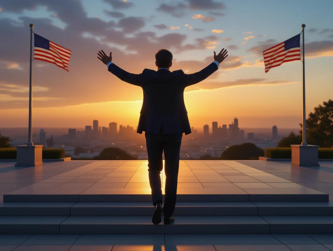 Ultra-realistic 3D photo of a man ascending the White House steps at dawn with arms raised. American flags flutter in the background. The scene conveys a sense of impending change.