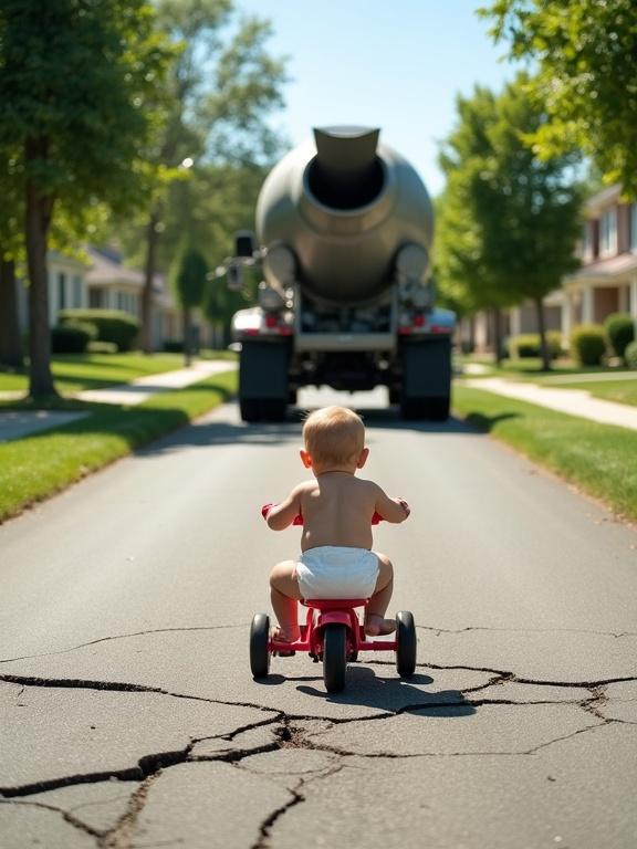 A surreal humorous scene in a suburban street. A diaper-clad baby rides a red tricycle toward a cracked road hole. A concrete mixer truck pours concrete ahead. Lush grass, trees, and houses are in sight. Bright sunlight enhances the high-resolution cinematic feel. Emphasis on absurdity and photorealism.