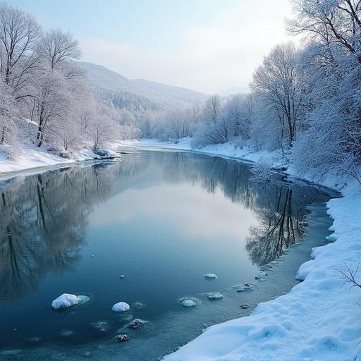 Icy pond covered with snow. Temperature at minus ten degrees Celsius. Trees and hills surrounding the pond create a peaceful winter scene.