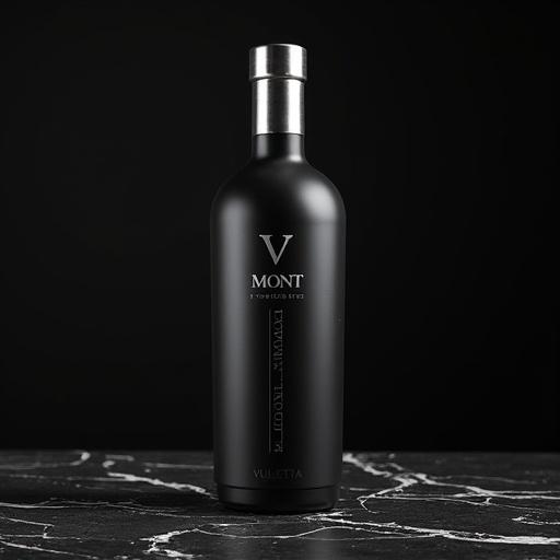 Tall slender ultra-premium vodka bottle made of frosted black glass. Clean cylindrical shape with rounded shoulders and thick glass base. Clear glass window shows vodka inside. Name 'MONT BLACK' embossed in silver foil. 'by Vuletta' in cursive below. Brushed platinum metal cap with monogrammed 'V'. Soft lighting enhances textures on marble surface.