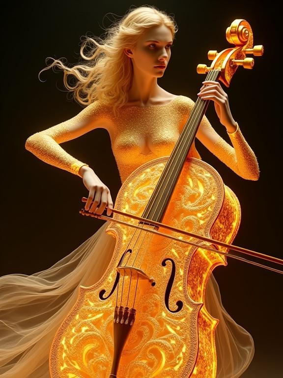 Surreal golden figure of a woman playing an ornate cello with intricate swirling patterns. Flowing golden curls and shimmering skin. Cello looks like glass with gold inlay. Dark background highlights the radiant glow.