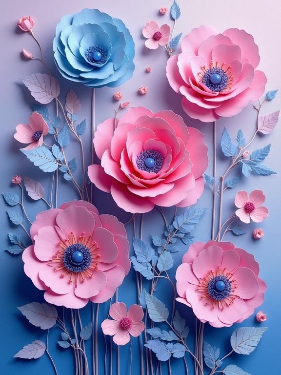Acrylic painting features textured flowers in pastel purple, pink, and blue. An intricate design of paper flowers is created using mixed mediums. The artwork displays floral elements with vibrant colors and elaborate details.