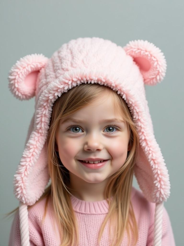 Image shows a young girl wearing a fluffy light pink fleece hat with ear flaps.