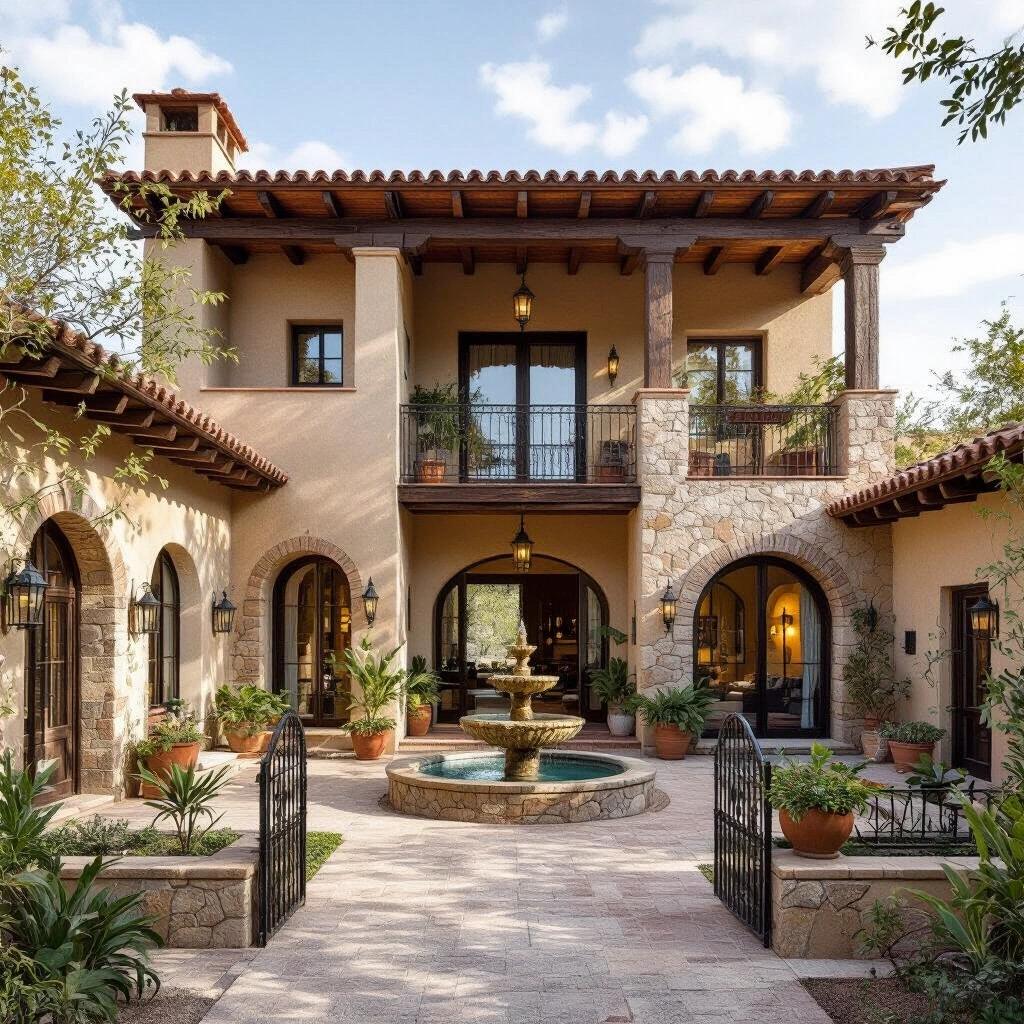 Design rustic-style house adapted for urban lot in Chihuahua. Features stone and adobe walls, wooden beams, tiled roofing, wrought-iron details, arched doors and windows. Includes central courtyard with fountain, surrounded by compact terraces. Enclosed by tall stone walls with ironwork gates for security. Includes native gardens and paths. Combines rustic charm with urban practicality. Ambient lighting for outdoor spaces. Views of cityscape at sunset.