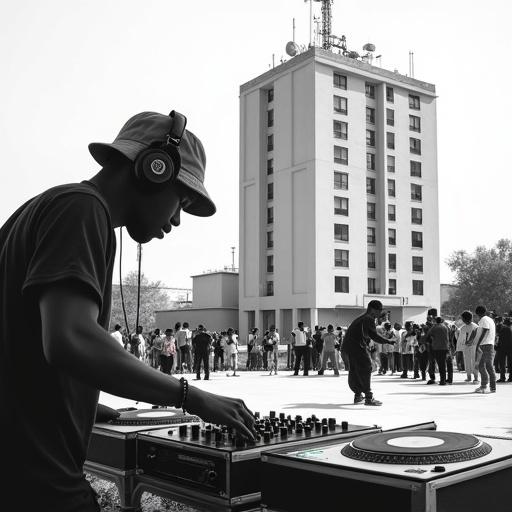 High-quality black and white photograph of a DJ performing outdoors at a community event. DJ wears over-ear headphones and a structured bucket hat. Detailed professional DJ setup with two vinyl turntables and a mixing board. DJ's hands positioned on the equipment showing concentration. Behind the DJ, B-boys engaged in breakdancing with one dancer performing a freeze move. In the background, a tall hotel building with modern architecture and broadcasting antennas on the roof.