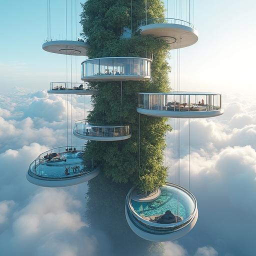 Ultra modern hotel with floating glass and carbon fiber pods. Pods suspended by invisible tension cables anchored to central vertical garden spire. Each pod is a luxury suite with transparent walls for panoramic views. Central spire has hydroponic greenery, waterfalls, and wind sculptures. Sky bridges connect the units. At night, the hotel glows with bioluminescent plants and LED pathways. Base has a zero-gravity infinity pool.