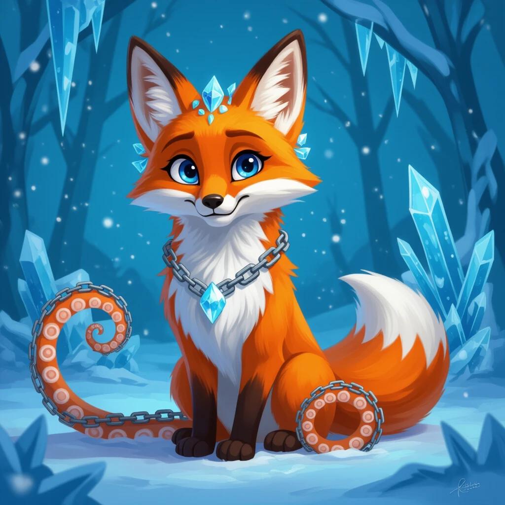 A cartoon fox character with bright blue eyes. Fox has an orange fur coat and is wearing a necklace with a large crystal. Fox has chains wrapping around its body and an octopus tentacle coming from its side. The background is snowy, filled with ice crystals and a magical blue color theme.