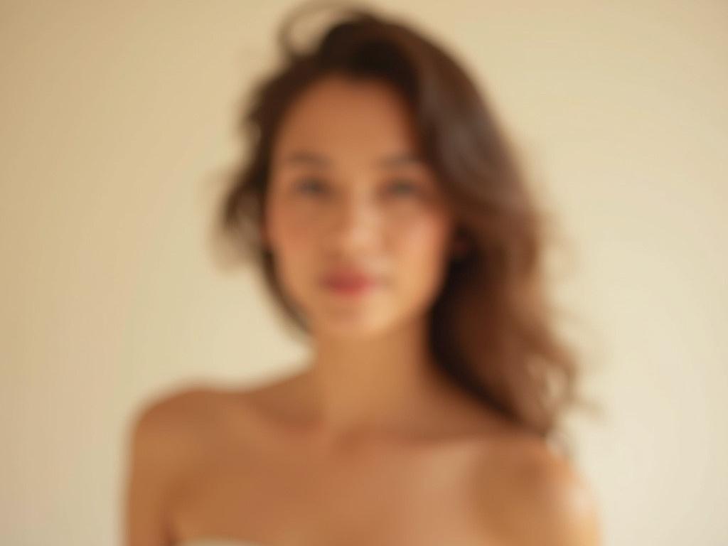 The image features a woman with a blurred face against a simple, light background. Her hair is styled in loose waves, adding a soft and natural touch to her appearance. She is wearing a strapless top, which highlights her shoulders and collarbone. The overall aesthetic is clean and minimalistic, focusing on the subject's upper body. The lighting is warm, giving the scene an inviting and pleasant ambiance.