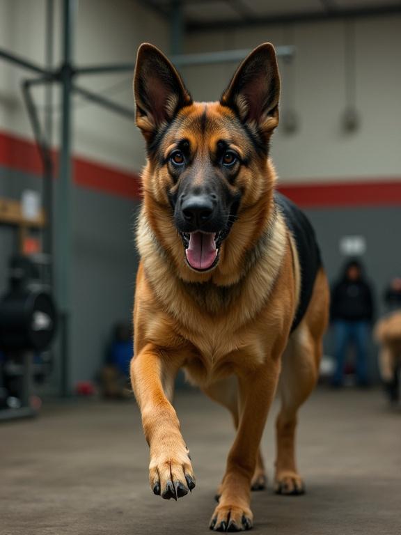 German Shepherd dog shown in a gym environment with a joyful expression. Dog appears to be in motion, capturing the moment of running. Facility has gym equipment in the background.