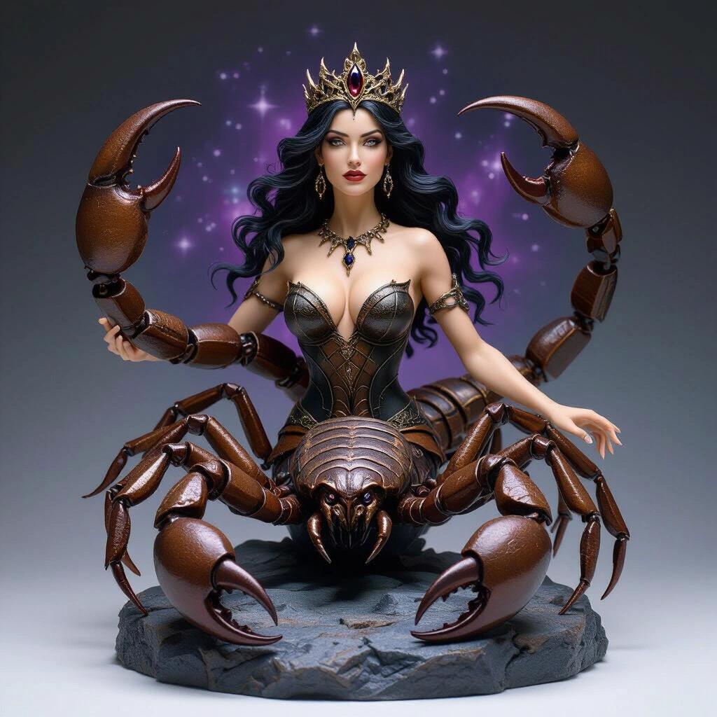 Resin sculpture of a Scorpio-inspired goddess. Creature half woman half scorpion. Human torso is beautiful and sensual. Light skin and long wavy black hair. Queen's crown with dark gems and powerful expression. Lower body is a giant scorpion. Features natural armor and sharp legs. Large pincers with an upraised tail and stinger. Stands on a rock base with dark atmosphere. Background includes stars or purple galaxy. Style is epic and detailed with zodiac theme.