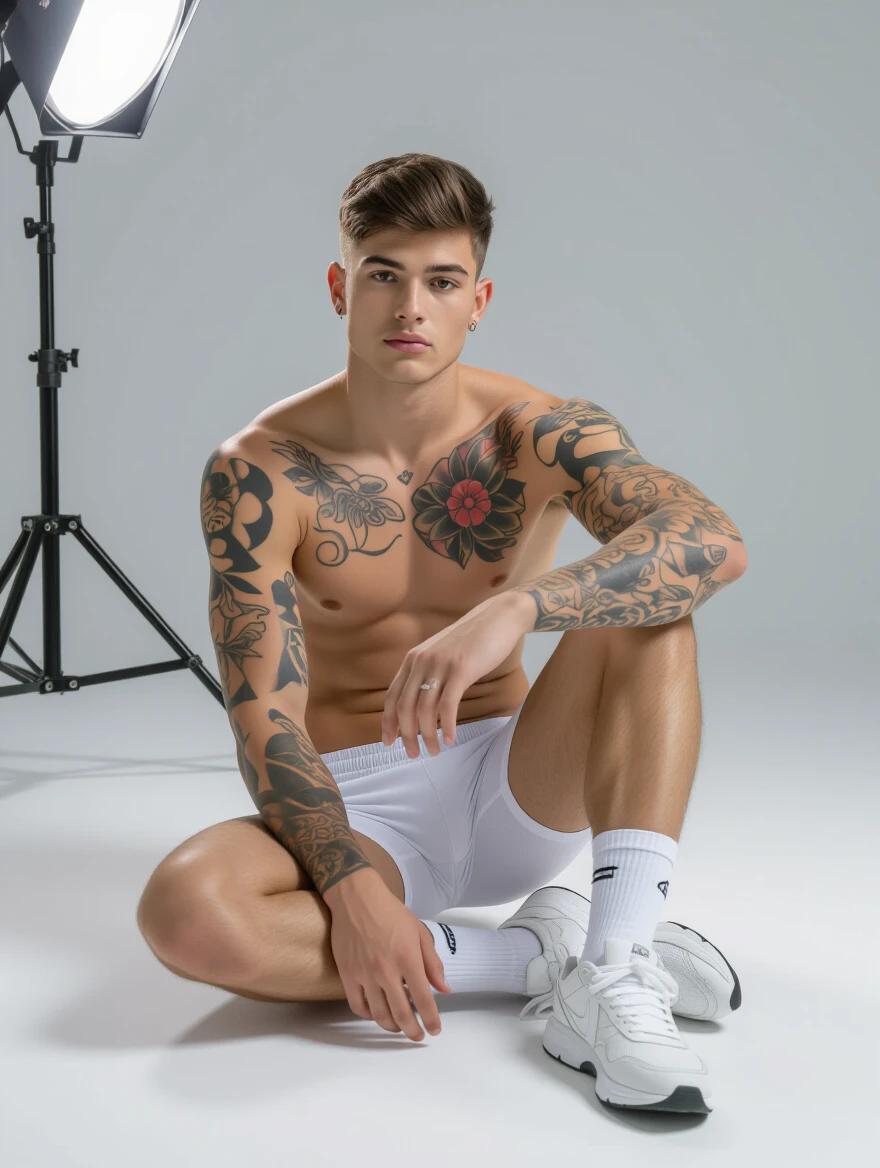 Young model seated on floor wearing white underwear and socks. Body covered in tattoos. Captured in a photography studio with soft lighting. Sporty sneakers complete the look. Sensual and confident pose highlights body art.