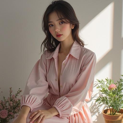 A woman in a stylish pink outfit. The setting is bright with a natural vibe. Flowers and greenery are present. The atmosphere feels soft and elegant.