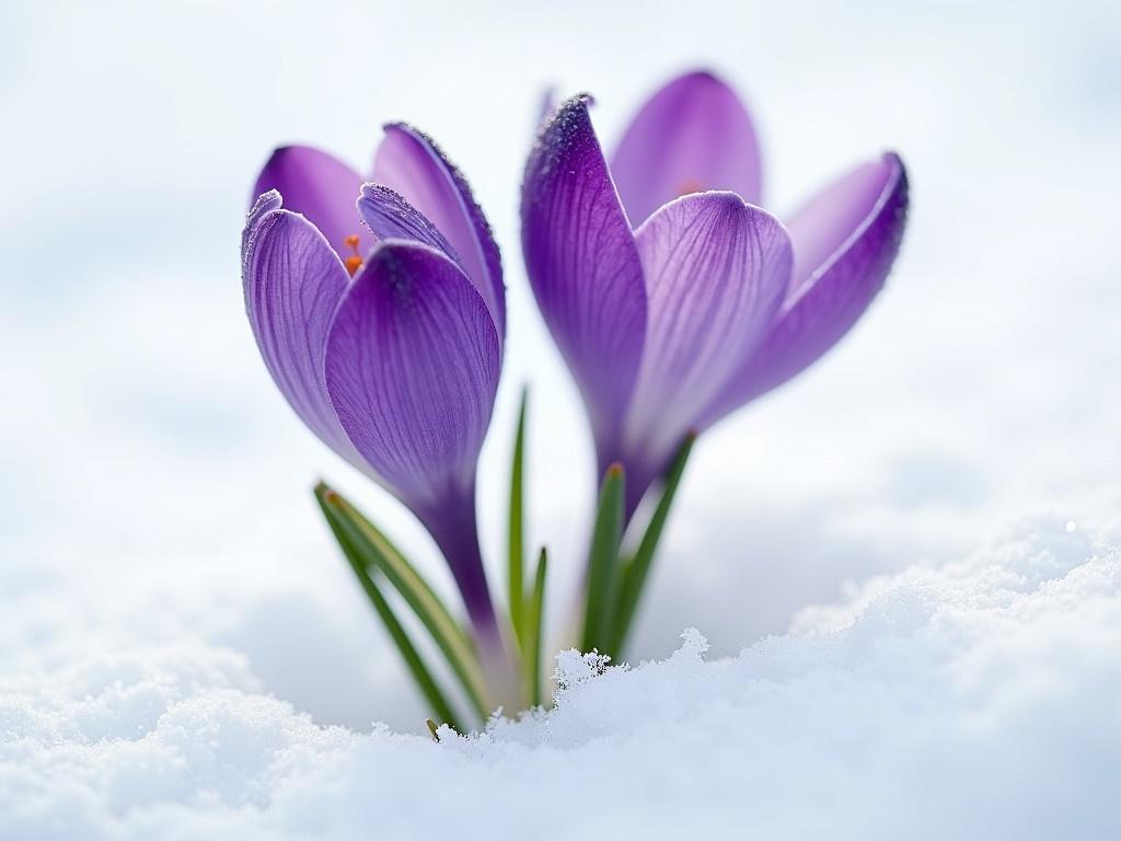 A beautiful scene featuring crocus flowers emerging from white snow. The purple petals of the crocus are glistening with droplets of water, showcasing their vibrant color against the stark white background. The snow around them is fluffy and pristine, creating a striking contrast with the delicate flowers. It's early spring, and these resilient blossoms are a sign of the changing seasons. The image captures a moment of nature's beauty as life breaks through the winter's chill.