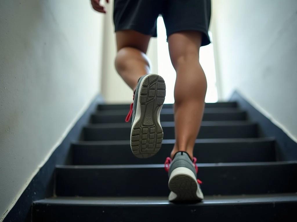 A person wearing athletic shoes is captured from behind while climbing stairs. The focus is on their strong calf muscles, highlighting physical fitness and determination. The setting is a stairwell, with an emphasis on upward movement and exercise. The shoes are designed for athletic use, showcasing a dynamic lifestyle. Natural light enhances the mood of the scene.