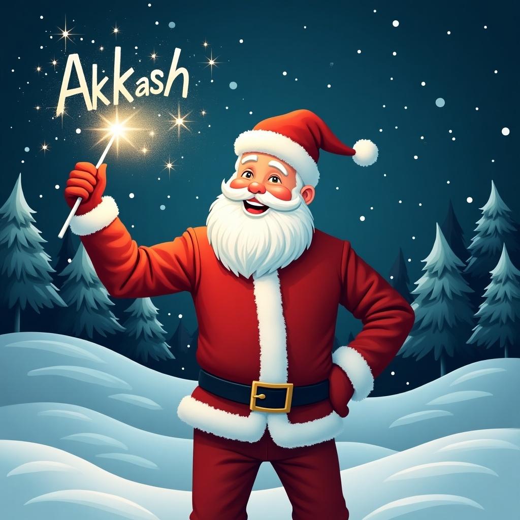 A jolly Santa Claus stands in a snowy landscape. He holds a magical wand that shines with sparkles. The name Akash is written in the air. Santa wears a classic red suit with white fur trim and a matching hat. His eyes twinkle with joy, writing names in the sky. Behind him are evergreen trees and a starry night sky.